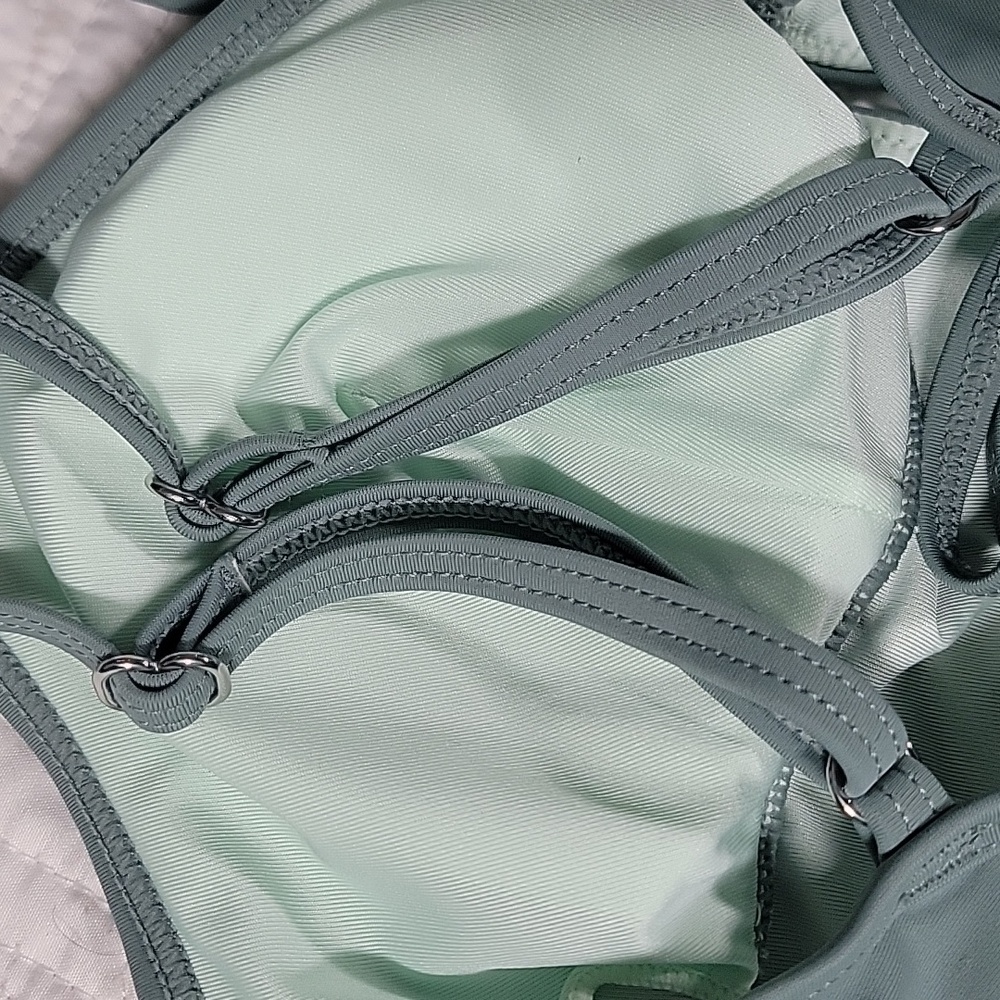 Women's Green One Piece Swimsuit with Unique Cutouts and Structured Bustier - Picture 9 of 11
